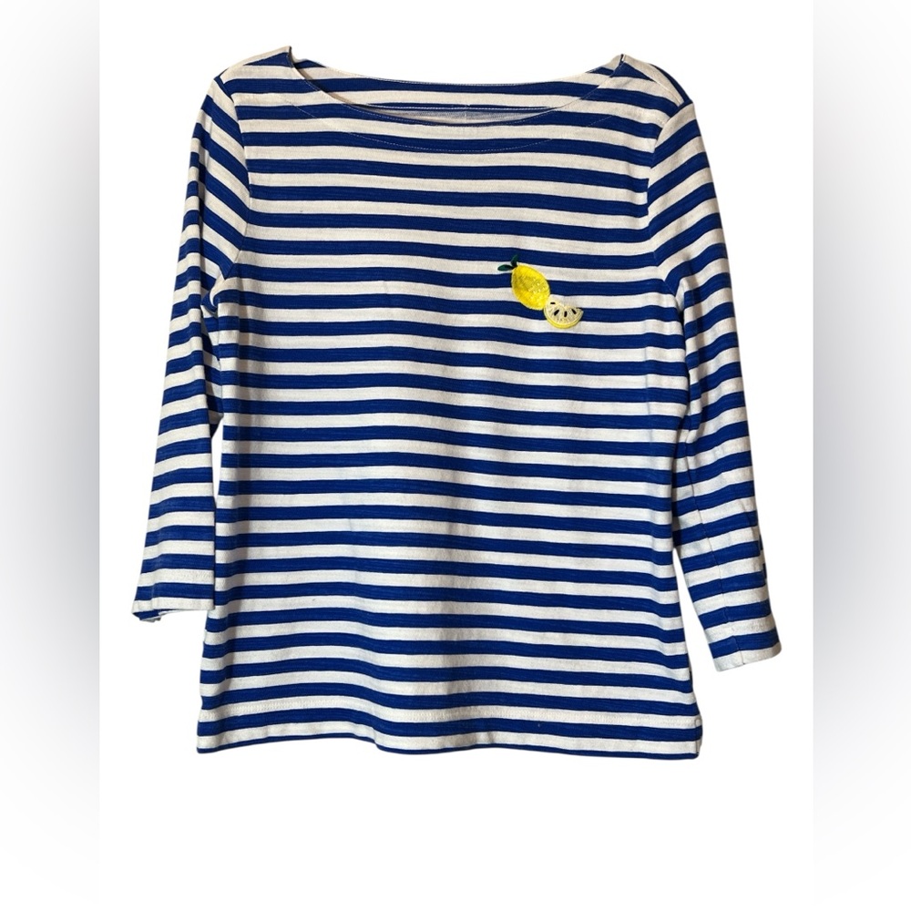LOFT Striped 3/4 Sleeve Tee with Lemon Patch Size M Blue and White Preppy Cute